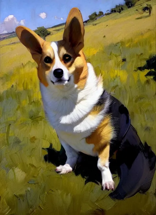 Image similar to Greg Manchess painting of a Corginian, countryside, calm, fantasy character portrait, dynamic pose, above view, sunny day, artwork by Jeremy Lipkin and Giuseppe Dangelico Pino and Michael Garmash and Rob Rey, very coherent asymmetrical artwork, sharp edges, perfect face, simple form, 100mm