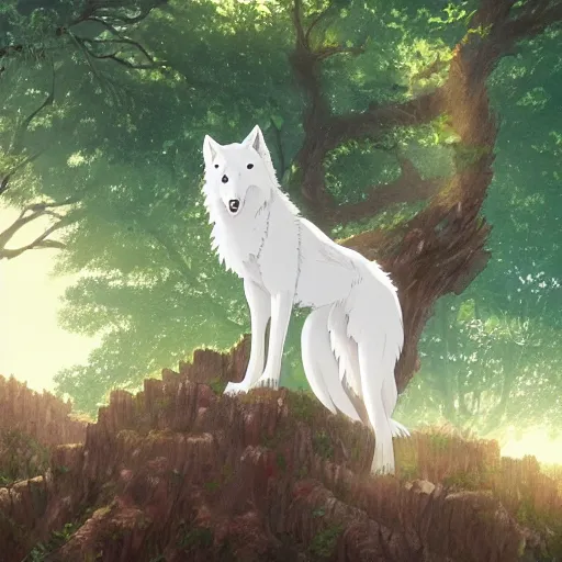 Prompt: highly detailed digital art of a magestic white wolf standing on an overgrown fallen tree trunk, lush surroundings, warm sunshine, kimi no na wa, trending on artstation, by makoto shinkai