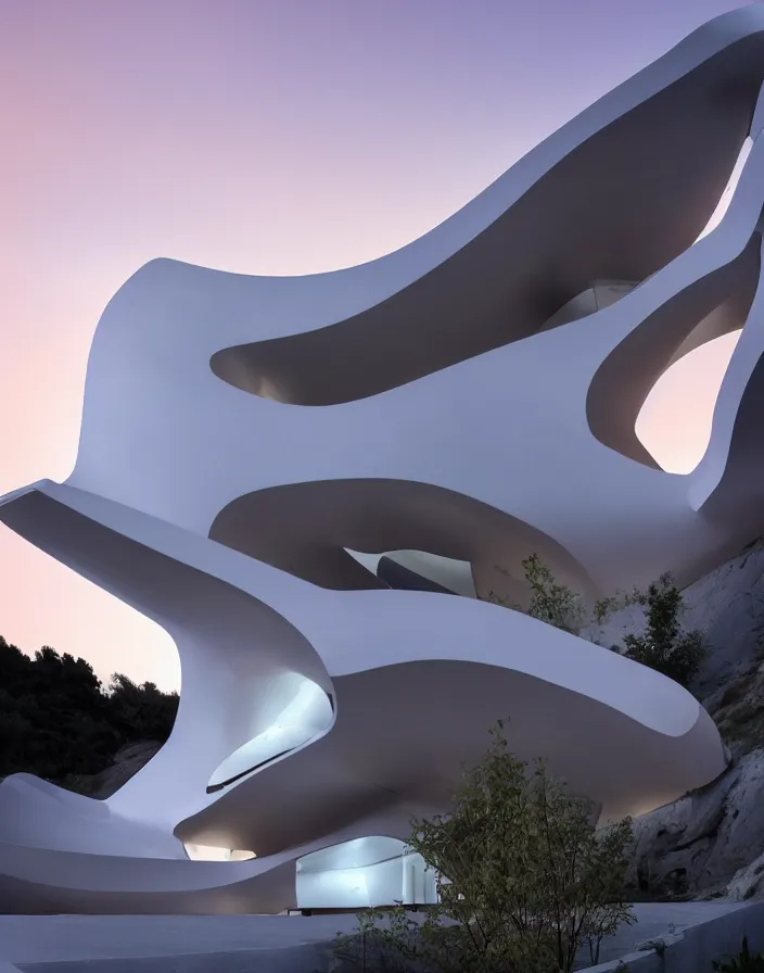 Image similar to zaha hadid 3 d construction printed house on the mountain, soft light, streetscapes stunning volumetric lighting sunset