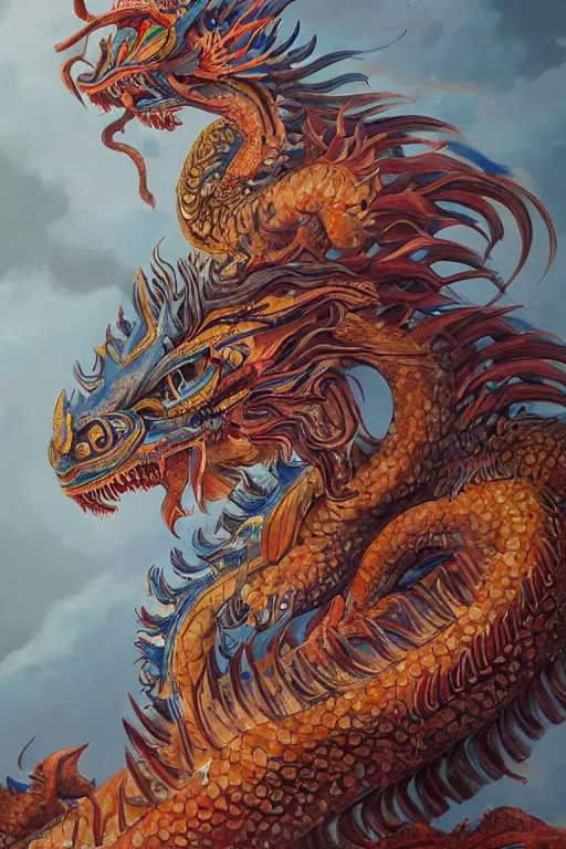 Image similar to a beautiful and detailed painting of a thai dragon in the style of Chalermchai Kositpipat ,featured in artstation, cinematic lighting, omnious sky, art by Ghibli Studios
