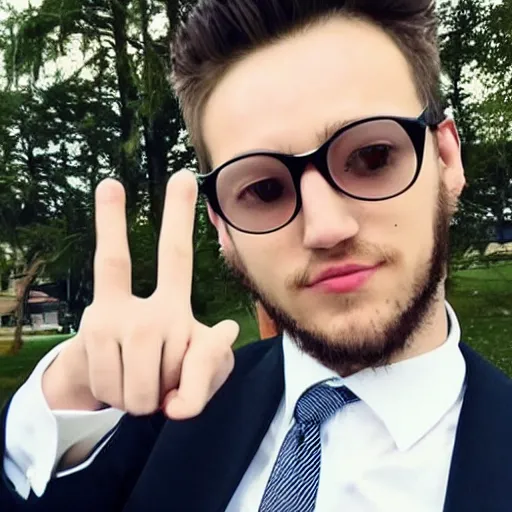 Image similar to a picture of the most attractive man on the planet wearing a suit, giving a peace sign,