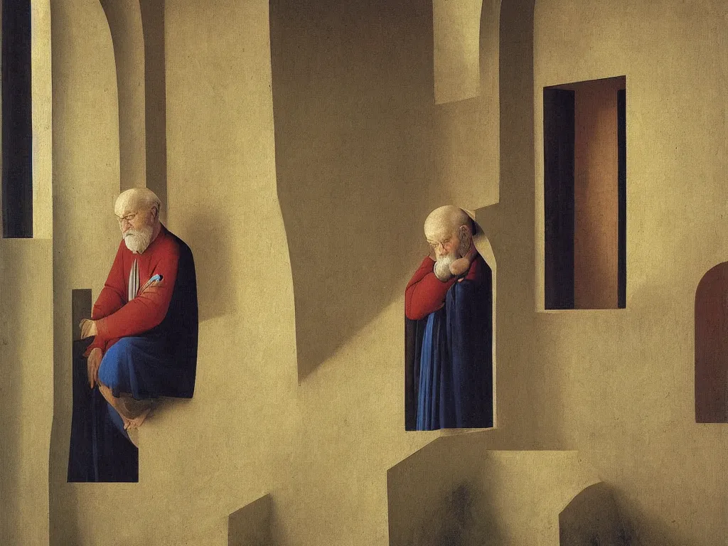 Image similar to old man looking out side the window. Painting by Fra Angelico.