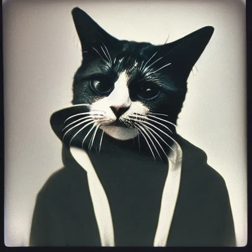 Prompt: close-up shot of a cat wearing hoodie in 80s, funny, Polaroid photo, by Warhol