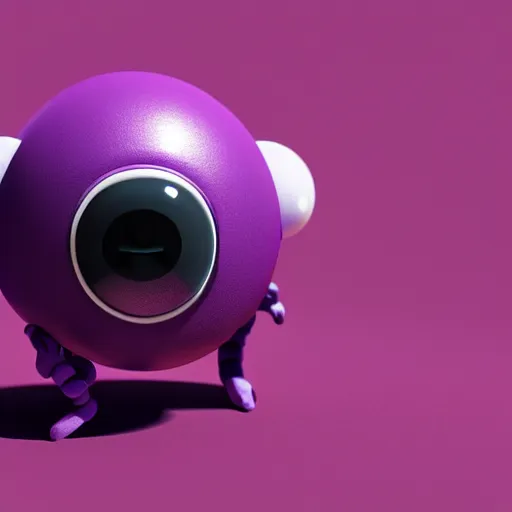 Prompt: photo of a comically tiny clay model of character with large spherical purple head and large childlike eyes with comically tiny body and spindly limbs leans close to the camera, fish eye lens, 4 k, hyper realistic, hyper detailed face, octane render, comedic, cute