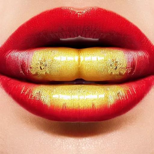 Prompt: beautiful mouth with golden lips, realistic, detailed, glossy lips,