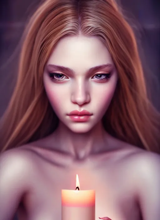 Prompt: a gorgeous female photo, professionally retouched, soft lighting, holding a candle, realistic, smooth face, perfect eyes, wide angle, sharp focus on eyes, 8 k high definition, insanely detailed, intricate, elegant, art by artgerm and wlop