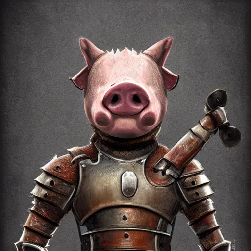 Image similar to humanoid pig wearing iron armor and halmet, holding a sword, digital art, highly detailed, dungeons and dragons avatar portrait, trending on artstation
