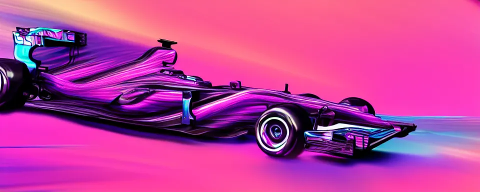 Prompt: abstract illustration of a formula one car, synthwave, purple and pink, motion blur, light streaks, octane render