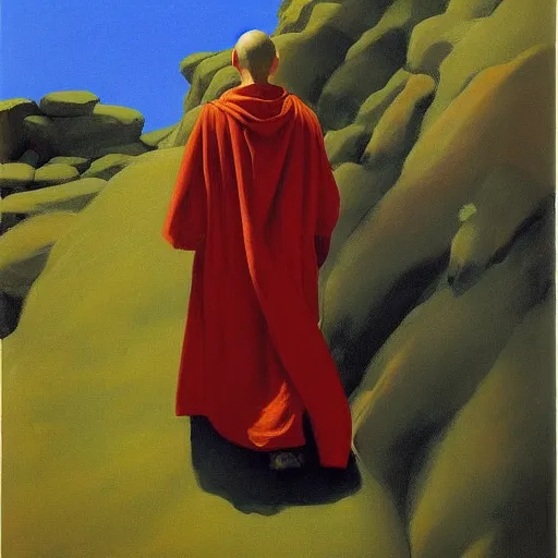 Prompt: sienna portrait of the astute monk crimson and sienna robe ascending the treacherous mountain stairway to the monastery jamie wyeth james gilleard edward hopper oil painting