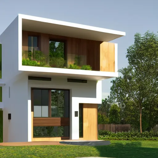 Prompt: render of a beautiful modern home designed for cozy aesthetics!, energy efficiency and maximizing plants and greenery, cg render, golden light, high resolution, professional