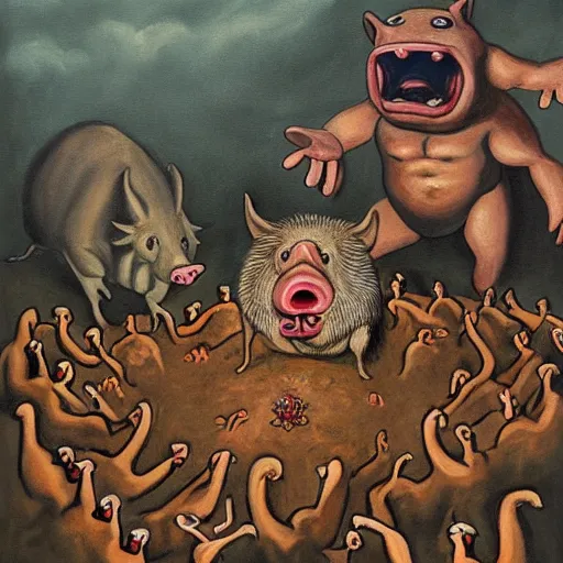 Image similar to an odd painting of a giant hog man summoning a mini devil pig while a rat army runs away