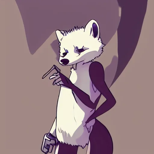 Image similar to a full body portrait of a young female anthro arctic fox furry wearing a tank top, smirking, digital illustration, cel shaded, flat color, Hayao Miyazaki, furaffinity, deviant art, e926