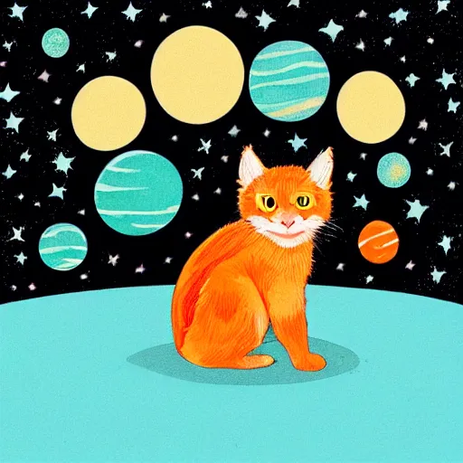 Image similar to A fuzzy orange cat sitting on planet earth, space with stars in the background, Tim Burton’s Art Style