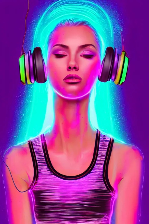 Image similar to a award winning half body portrait of a beautiful woman with stunning eyes in a croptop and cargo pants with ombre purple pink teal hairstyle dancing with headphones on her ears by thomas danthony, surrounded by whirling illuminated lines, outrun, vaporware, shaded flat illustration, digital art, trending on artstation, highly detailed, fine detail, intricate