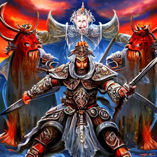 Image similar to photo of A fantastic warrior with a great sword of ice fights against 2 demons in a temple full of satanic ornaments