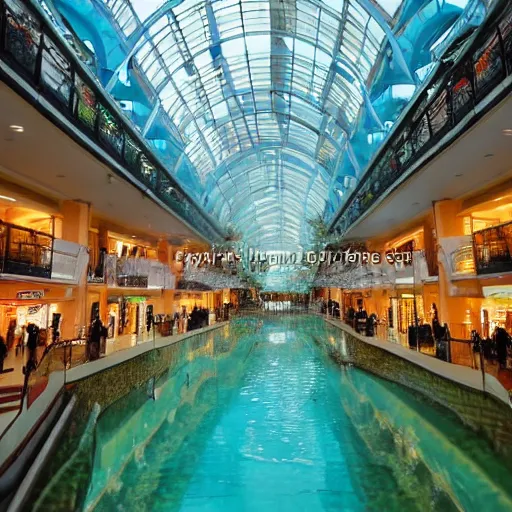 Image similar to photo of inside a shopping mall the inside is flooded with over 2 0 meters depth of clear beautiful water, highly detailed.