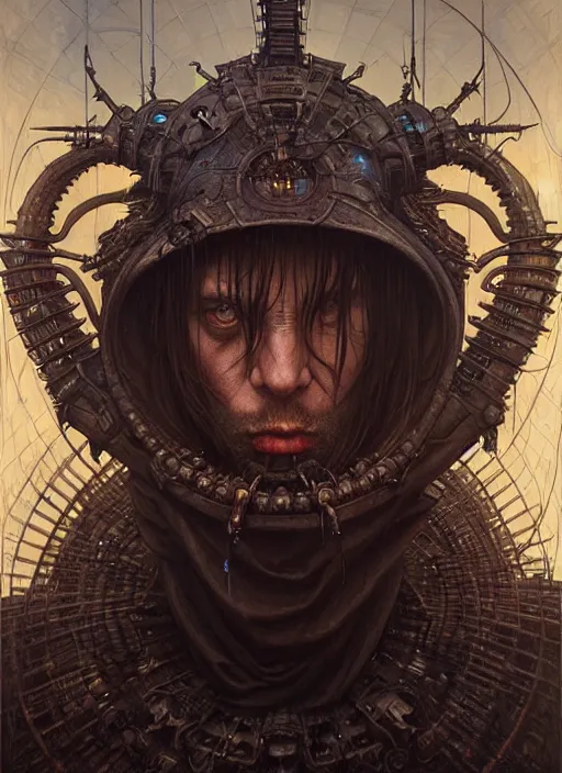 Image similar to portrait of a executioner, hyper detailed masterpiece, dystopian background, jean giraud, digital art painting, darkwave goth aesthetic, lovecraftian, artgerm, donato giancola and tom bagshaw