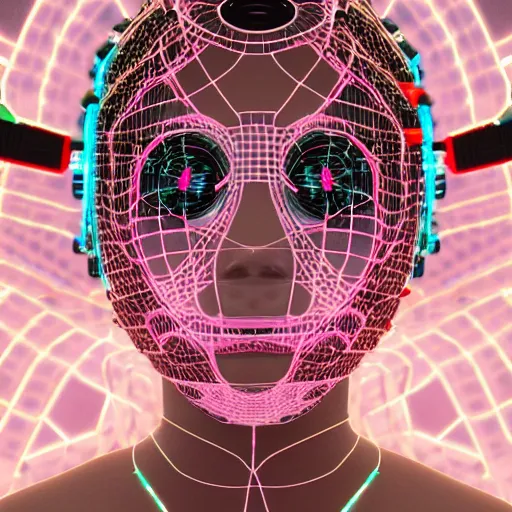 Image similar to swimming through a pile of modular synth cables, empathy machines, to see a kawaii puerto rican goddess staring through the mothership of your souls, wearing a headpiece made of circuit boards, by alastair reynolds and stanley kubrick, pink, trending on artstation, cinematic, 3 d render, photorealistic