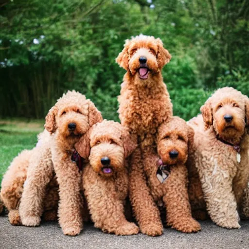 Image similar to a huge pile of golden doodle dogs, photography