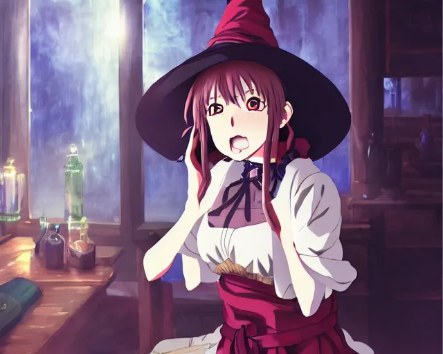 Image similar to key anime visual portrait of a young female witch in a tavern interior, dynamic pose, dynamic perspective, cinematic, dramatic lighting, muted colors, fine detail, textured