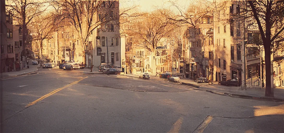 Prompt: “ golden hour light spills over a historic boston street, analog photography, mamiya 7 4 3, portra 8 0 0, volumetric lighting, atmospheric, sharp focus ”