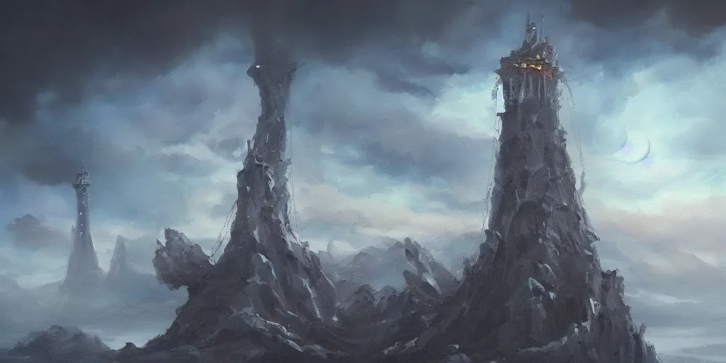 Prompt: an oil painting of a tower on the edge of forever, fantasy, hyper realistic, atmospheric lighting, cinematic, 8k,