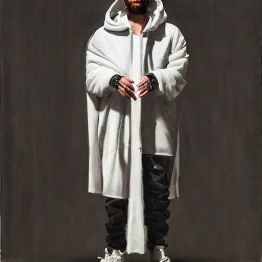 Image similar to a full body lookbook portrait of modern - day jesus wearing virgil abloh off - white menswear and sneaker collection by nicola samori, hat and hoodie, detailed, oil painting, hyper - realistic, 8 k, off - white collection