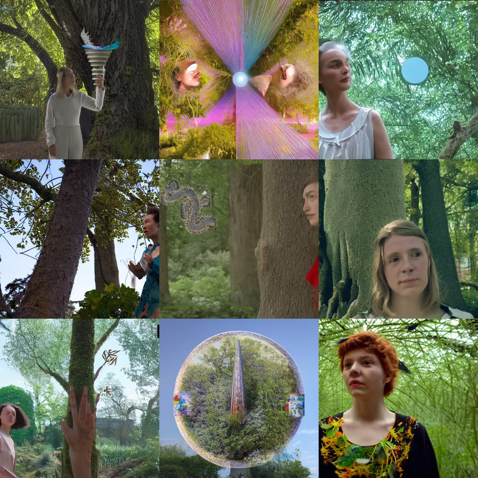 Prompt: non binary future world, sustainable cities in a harmonious coexistence, plume is connecting to the web through the tree, 1 6 mm portrait by maria sibylla merian, derek jarman, barbara hammer 4 k, 8 k, perfect faces