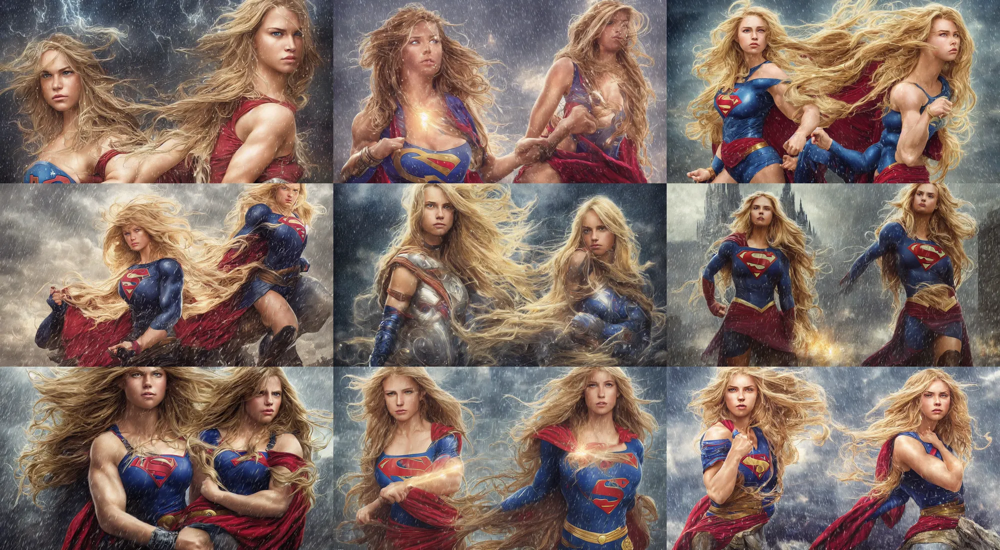 Prompt: epic portrait of a very muscled supergirl with a concentrated face and extremely long blonde wavy hair, light rain, thunder storm background, intricate detailed face, city background, steve argyle, greg rutkowski, alphonse mucha, francine van hove