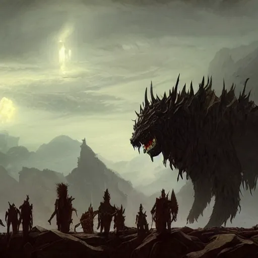 Prompt: a giant shadow beast looming over a group of adventurers, fantasy horror painting by greg rutkowski and james gurney, trending on artstation, masterpiece, highly detailed, 8 k