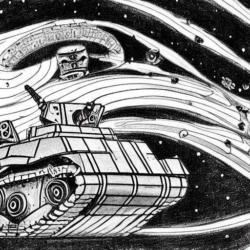 Prompt: daoist battle tank painted in white and black yin - yag symbol blasting away at dystopia, cosmos backdrop, detailed pencil drawing escher style xenopunk alien aesthetics