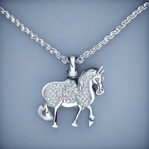 Image similar to a lovely silver cartoon unicorn necklace pendant, 3 d rendering, pandora style, tiffany style, swarovski style, van cleef & arpels style, cartier style, boucheron style, bulgari style, chaumet style, elegant, noble, stylish