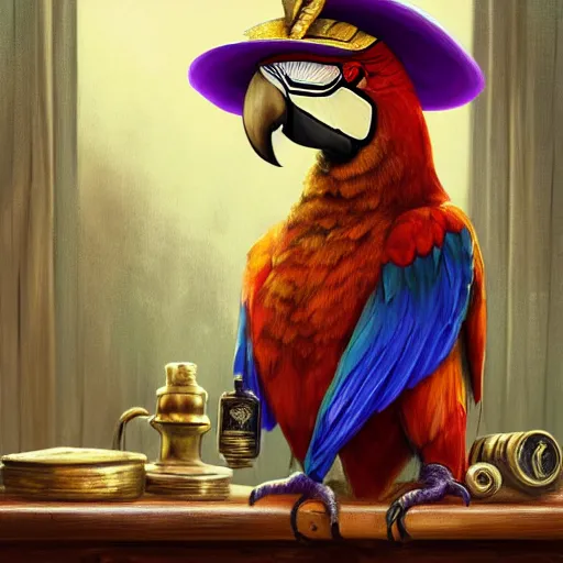 Prompt: Anthropomorphized parrot trader in his shop, selling his wares, portrait, items, gold, magic potions, carpet, window, fancy hat, sly expression , cunning expression, cute expression, long thick shiny gold beak, presenting wares, holding an item, D&D, fantasy, cinematic lighting, highly detailed, digital painting, artstation, concept art, smooth, sharp focus, illustration, warm light, cozy warm tint, magic the gathering artwork, volumetric lighting, 8k, art by Akihiko Yoshida, Greg Rutkowski