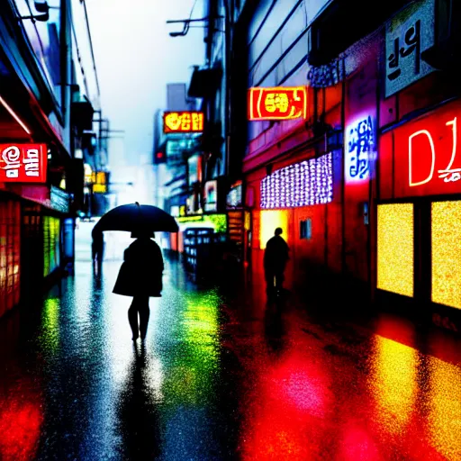 Prompt: photo of a rainy night in a cyberpunk street in seoul, storefronts are made out of neons, a cyberpunk woman is walking in the middle of the street. hyper realistic rendering photography, long shot, 4 k