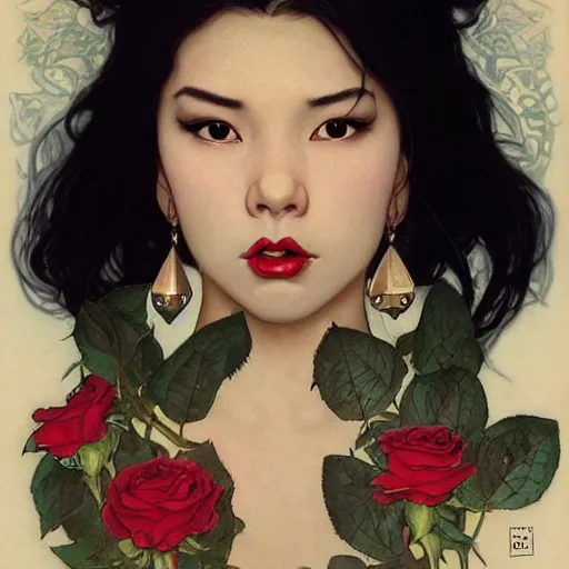 Prompt: portrait of a very beautiful mixed asian vampire, top half of body, upset expression, by Stanley Artgerm Lau, greg rutkowski, thomas kindkade, alphonse mucha, loish, norman rockwell, J. C. Leyendecker. black hair, light skin, detailed eyes, red lips, small earrings. rose frame. Trending on artstation rule of thirds extremely detailed illustration hd 4k