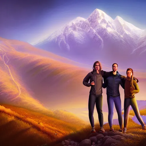 Prompt: of team in Armenia hiking at a weekend and posing with mountains on the background, the word Willow is in view like one in Hollywood, elegant, highly detailed, digital painting, volumetric light, artstation,, smooth, sharp focus, professional photos