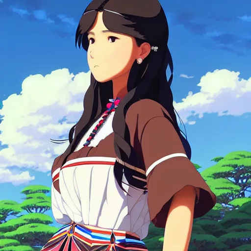 Image similar to a beautiful! plus sized native women instagram model, brown skin, wearing elegant catholic school girl designer fashion with mayan pattern and native style, aztec street fashion, gapmoe yandere grimdark, trending on pixiv fanbox, painted by greg rutkowski makoto shinkai takashi takeuchi studio ghibli, akihiko yoshida