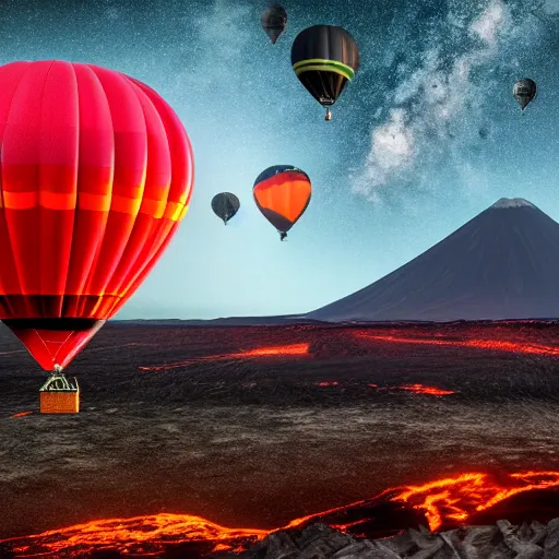 Prompt: hot air balloon travelling over the dark skies of Mordor. Mt doom is in the distance and lava can be seen. Ultra widescape shot. Photorealistic 4k IMAX 35mm sharp focus