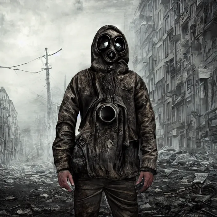 Image similar to hooded apocalyptic man in gas mask standing in street of destroyed city, hyper - detailed, smooth, sharp focus, 4 k ultra hd, fantasy dark art, apocalyptic art