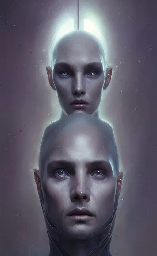 Image similar to portrait of a grey alien, deep focus, blade runner 2 0 4 9, fantasy, intricate, elegant, highly detailed, digital painting, artstation, concept art, matte, sharp focus, illustration, art by artgerm and greg rutkowski and alphonse mucha