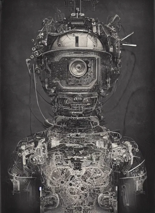 Prompt: old wetplate daguerreotype portrait of futuristic robot, dubbel negative exposure, explosion of data fragments, fractal, intricate, elegant, highly detailed, parallax, leica, medium format, subsurface scattering, by jheronimus bosch and greg rutkowski and louis jacques mande daguerre