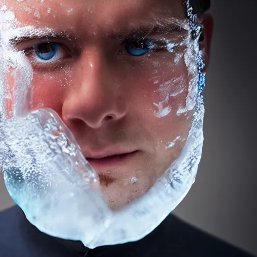 Prompt: a man with his head frozen inside a giant ice cube