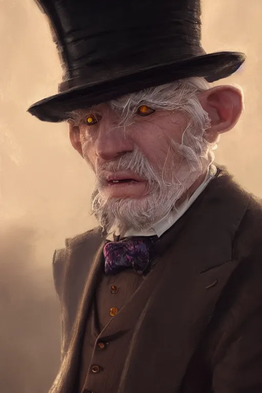 Image similar to A fancy close up of a white haired old winkled halfling wearing a suit and top hat by Greg Rutkowski, Sung Choi, Mitchell Mohrhauser, Maciej Kuciara, Johnson Ting, Maxim Verehin, Peter Konig, 8k photorealistic, cinematic lighting, HD, high details, dramatic, trending on artstation