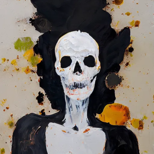 Image similar to vertical stack of three skulls vomiting black tar, anna bocek