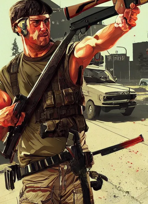 Image similar to rambo going on a killing spree in gta v, cover art by stephen bliss, artstation