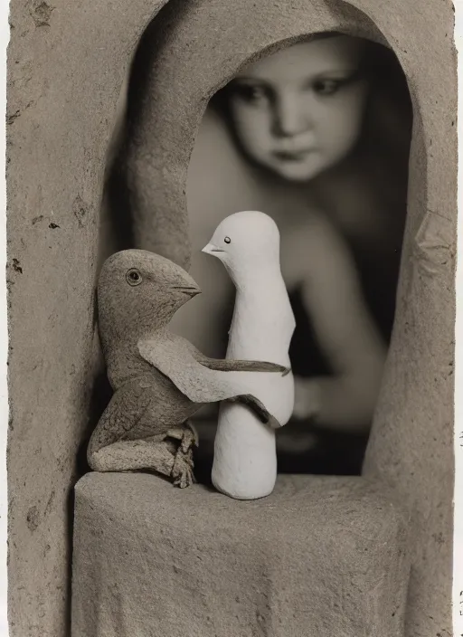 Image similar to realistic photo of a a girl with a pigeons, ancient sculpture doll made of white clay and black brushwood, greyscale grain 1 9 6 0, life magazine photo, natural colors, metropolitan museum, kodak