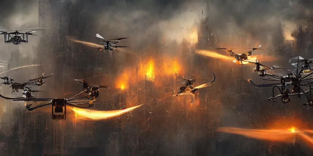 Image similar to steampunk drones putting out a fire with water, digital art, matte painting, artstation, concept art