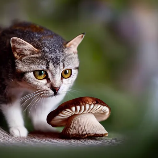 Image similar to a small domestic housecat with a mushroom growing atop its head