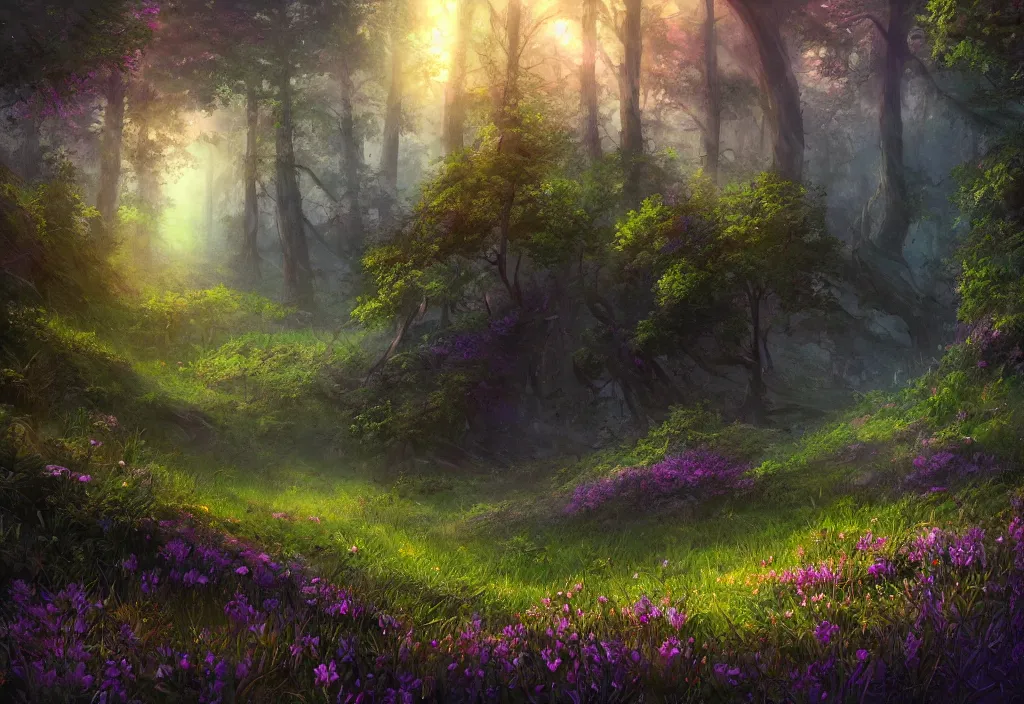 Image similar to a flowering meadow a forest behind it, no purple, epic alien fantasy, detailed, intricate, digital painting, concept art, realistic, smooth, focus, rim light