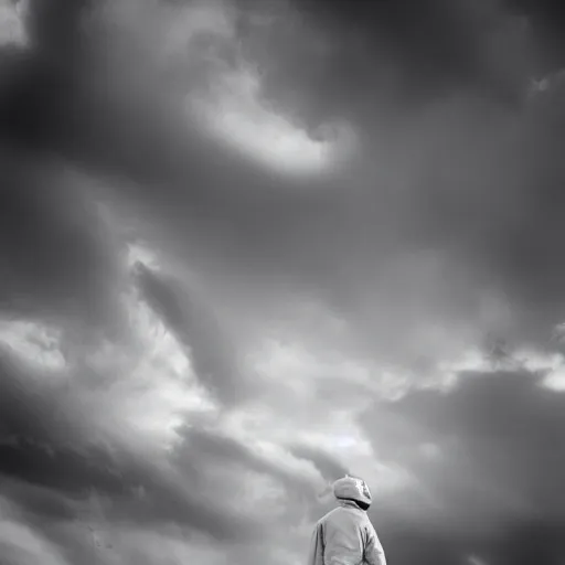 Prompt: an empty white trench coat falling from the sky. dramatic photograph. whispy clouds in the background.